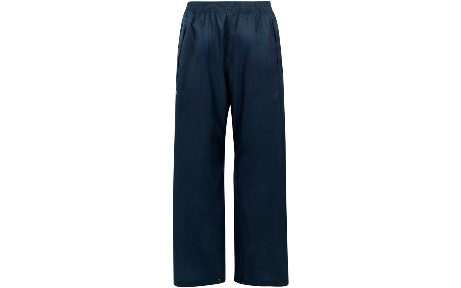 Donkerblauwe, wijde broek met elastische tailleband, zijzakken en drukknoopsluitingen bij de pijpzoom