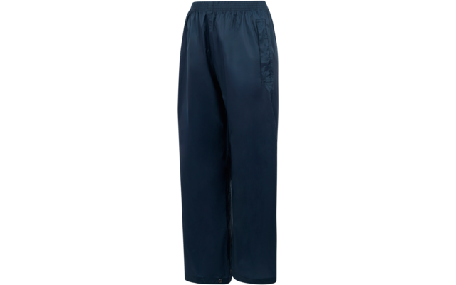 Donkerblauwe, wijdvallende broek met elastische taille, zijzakken en drukknoop aan de zoom, op witte achtergrond