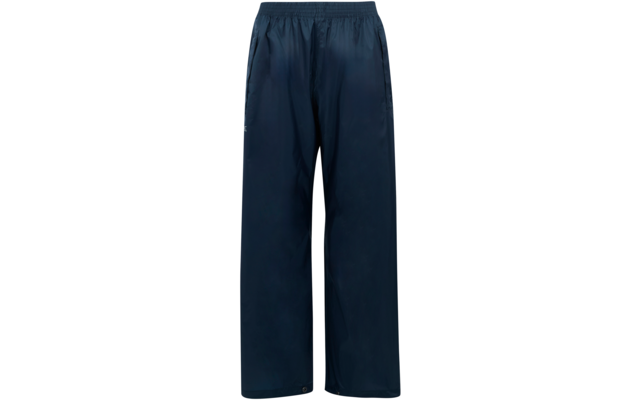 Donkerblauwe, wijde broek met elastische tailleband, zijzakken en drukknoopsluitingen bij de pijpzoom