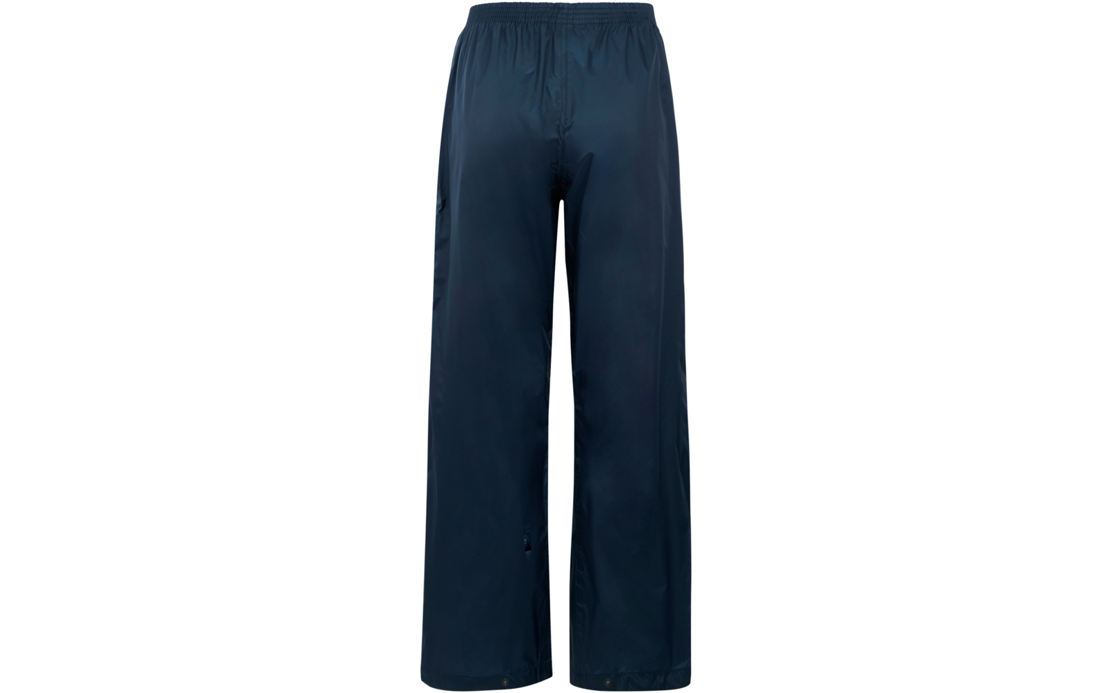 Voorzijde van een donkerblauwe, wijdvallende broek van glanzende stof met elastische taille en drukknopen bij de pijpzomen op een witte achtergrond