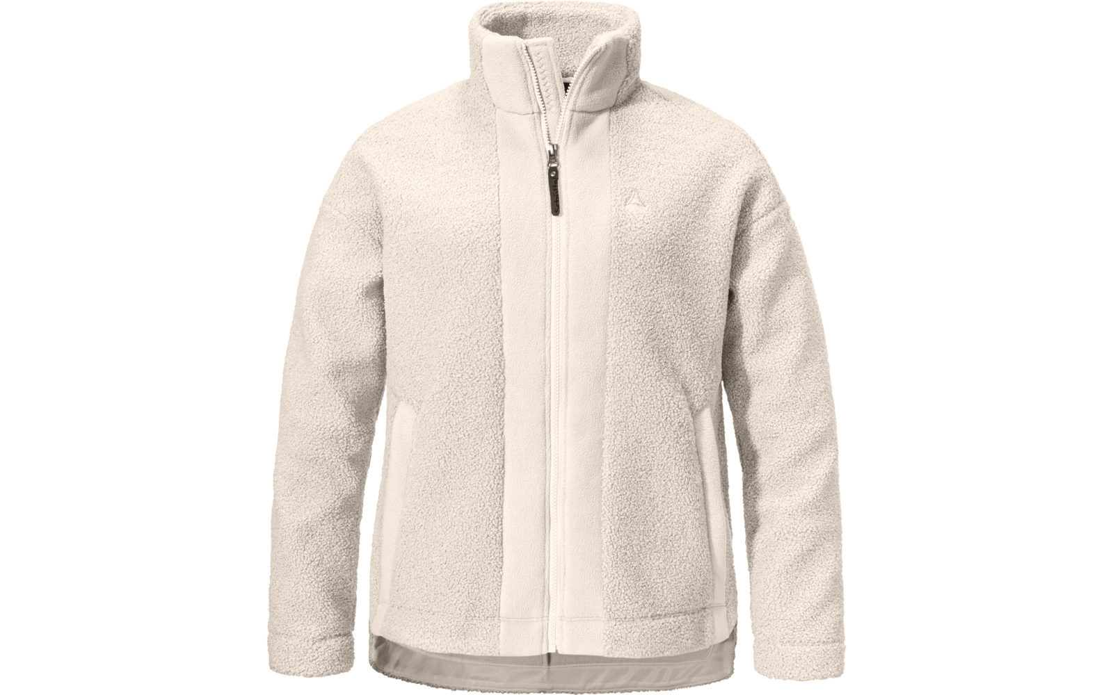 Beige-weiße Fleecejacke, Vorderansicht, durchgehender Reißverschluss, Stehkragen, zwei seitliche Taschen, flauschige Sherpa-Oberfläche, auf weißem Hintergrund