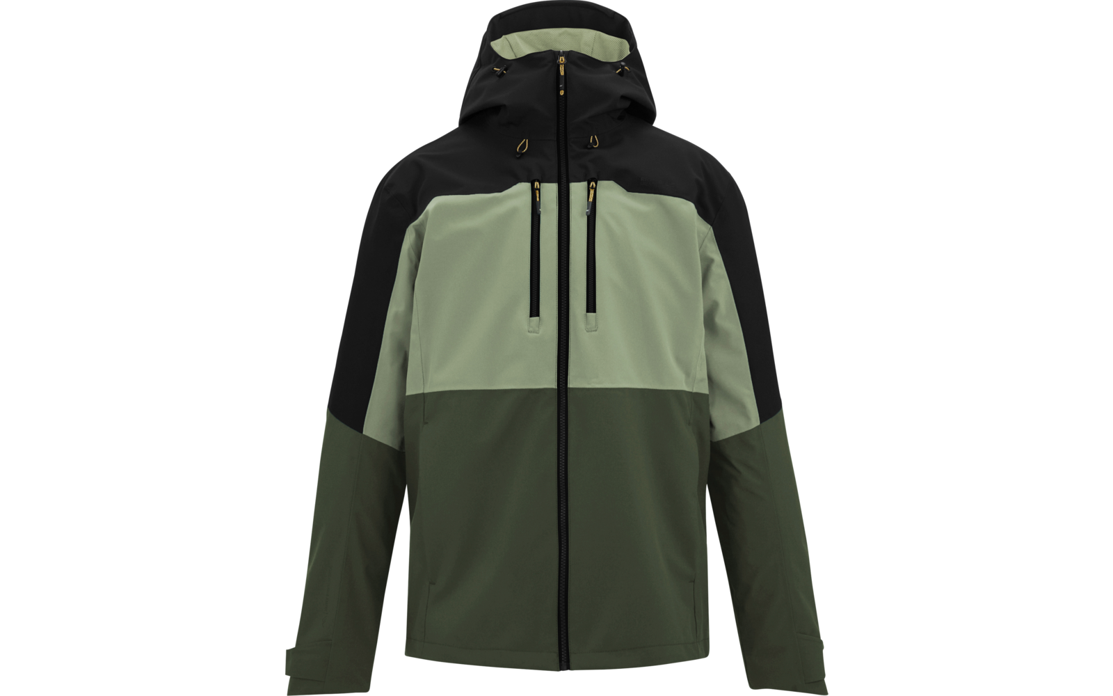 Vorderansicht einer Kapuzenjacke in drei Grüntönen und Schwarz, durchgehender Reißverschluss, zwei senkrechte Brustreißverschlusstaschen, Kapuze mit Zugbändern