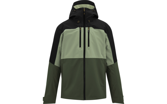 Vorderansicht einer Kapuzenjacke in drei Grüntönen und Schwarz, durchgehender Reißverschluss, zwei senkrechte Brustreißverschlusstaschen, Kapuze mit Zugbändern