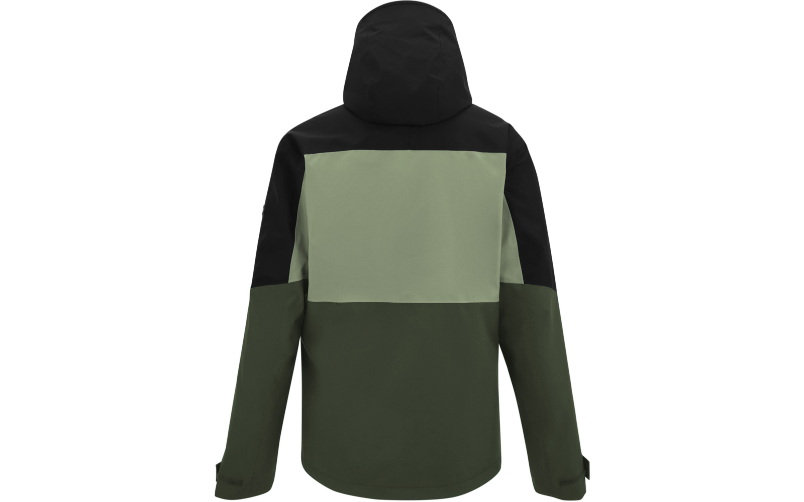 Rückenansicht einer Jacke mit Kapuze, dreifarbige Blockaufteilung: oben schwarz, Mitte helloliv, unten dunkeloliv; lange Ärmel, verstellbare Bündchen
