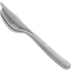 A silver folded utensil combining a spoon and fork