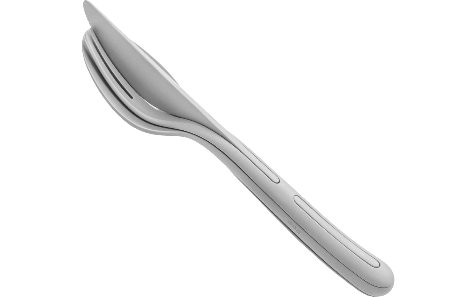 A silver folded utensil combining a spoon and fork