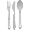 Three gray utensils side by side: fork on the left, knife with serrated blade in the center, spoon on the right; handles with elongated openings; white background