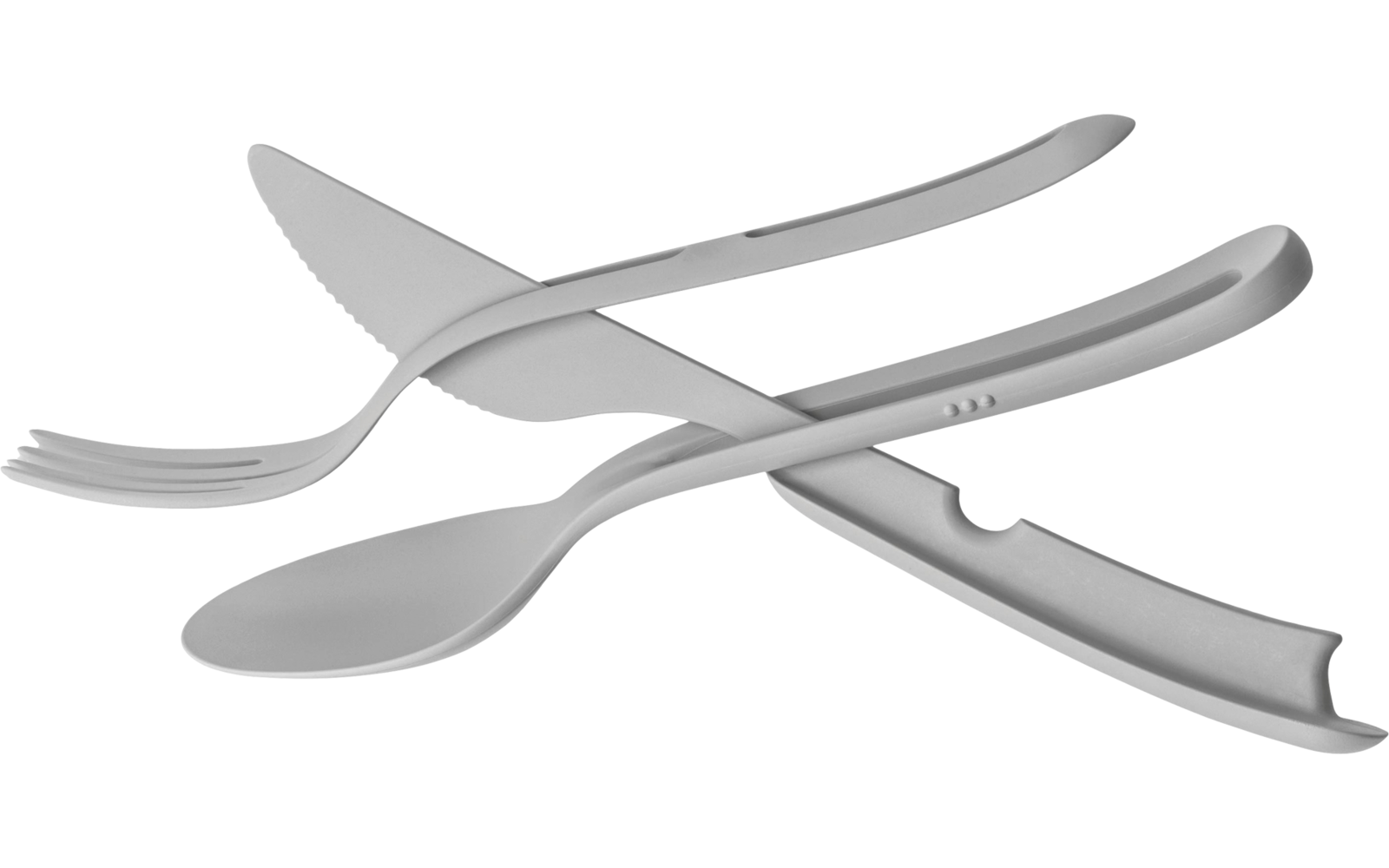 Crossed metal cutlery: knife, fork and spoon on a white background