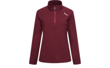 Bordeauxrood fleece bovenstuk, vooraanzicht, opstaande kraag met korte rits, lange mouwen, klein wit logo op de linkerborst, vrijstaand op witte achtergrond