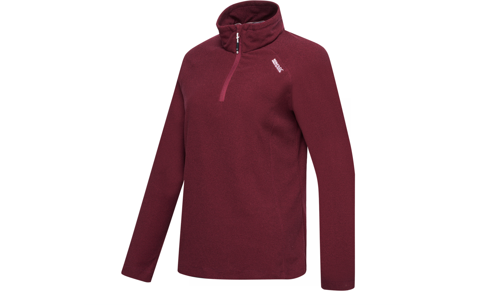 Pull en polaire bordeaux avec col montant, demi-fermeture éclair et petit logo blanc sur la poitrine gauche, sur fond blanc