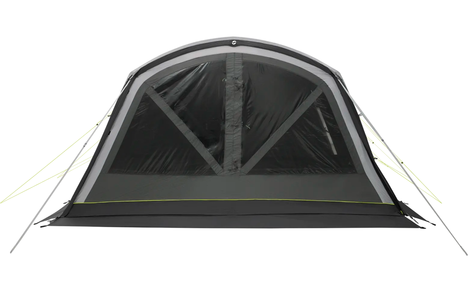 Schwarzes Campingzelt mit grauen und grünen Akzenten, auf weißem Hintergrund