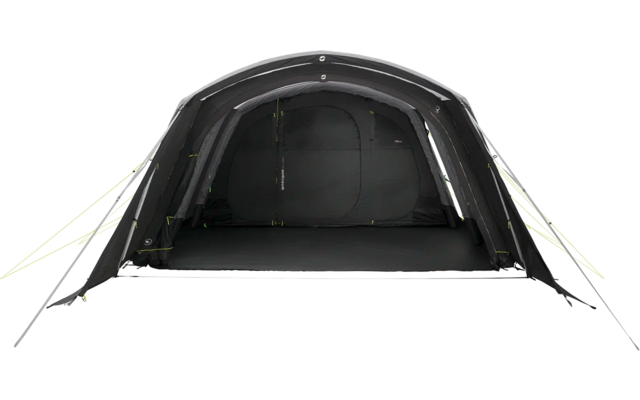 Ein geöffnetes graues Zelt mit grünen Details auf weißem Hintergrund