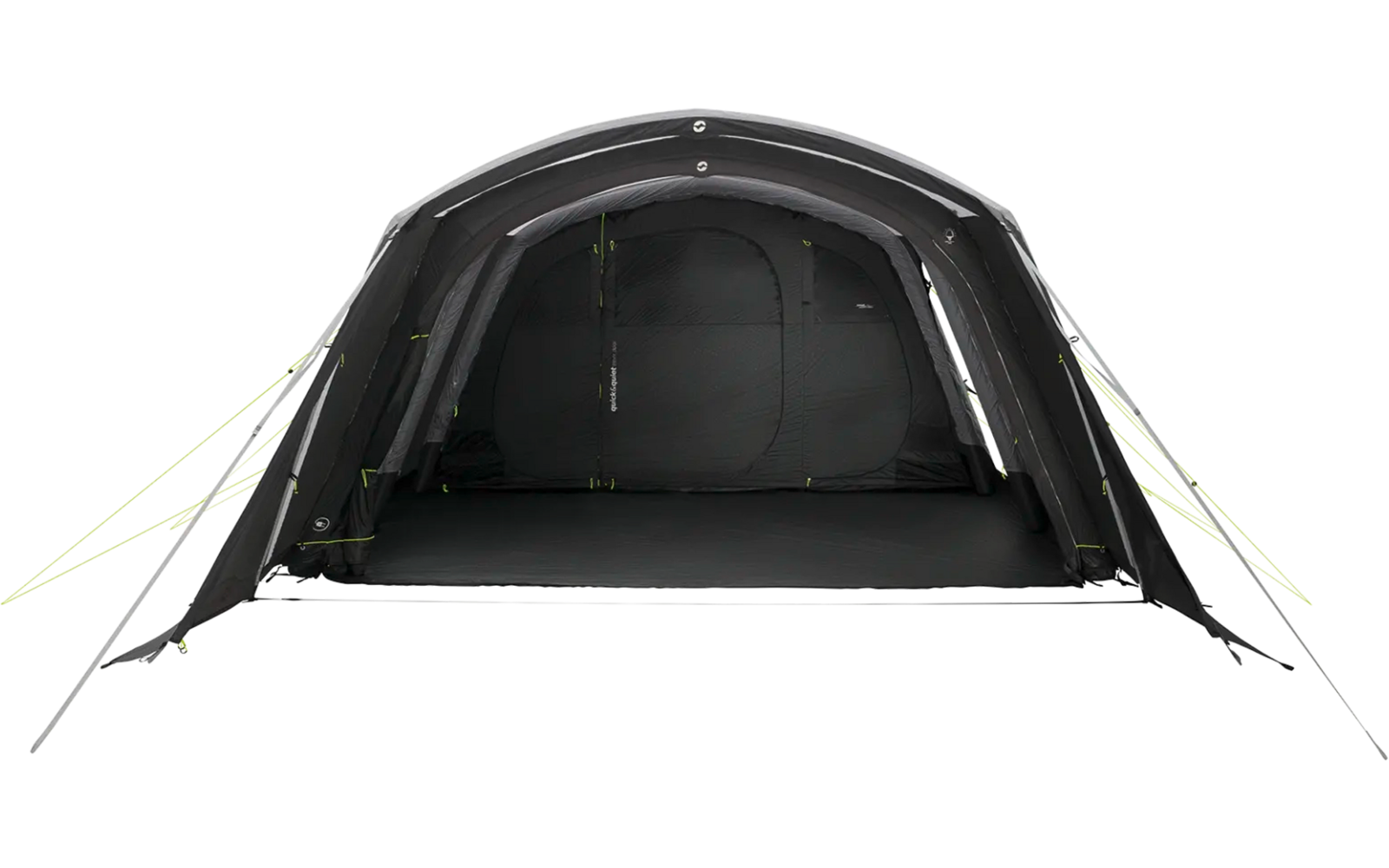 Ein geöffnetes graues Zelt mit grünen Details auf weißem Hintergrund
