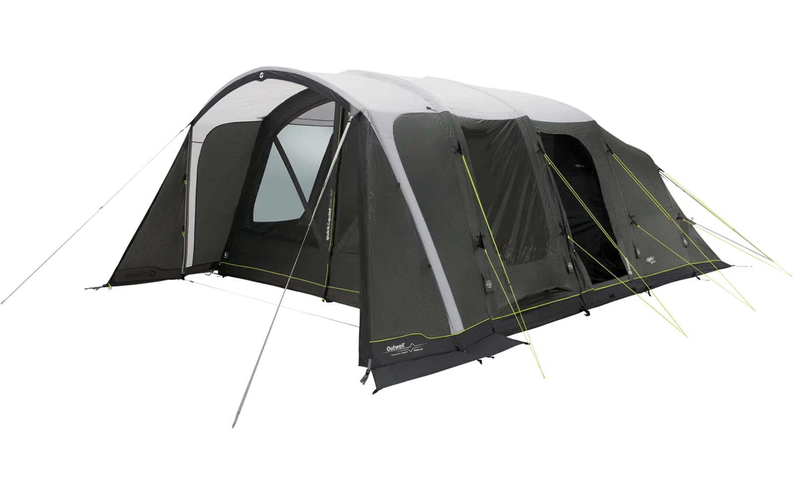 Großes graues Campingzelt mit grünem Farbakzent und mehreren Eingängen