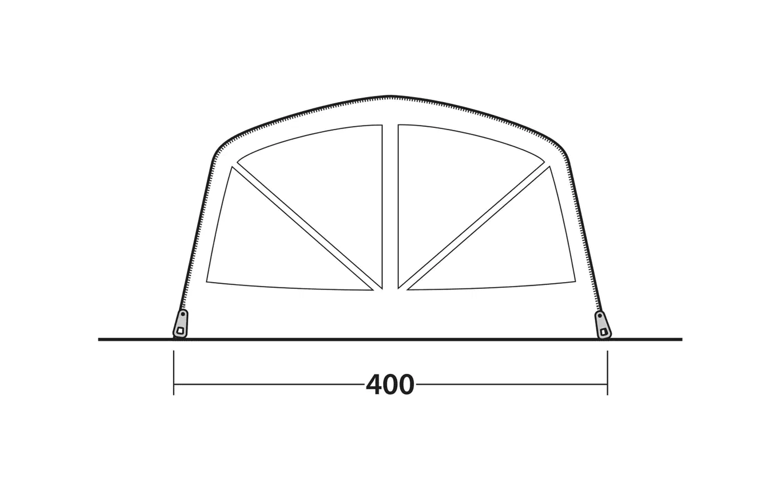 Skizze eines halbkreisförmigen Fensters mit vier Feldern und einer Breitenangabe von 400 Millimetern