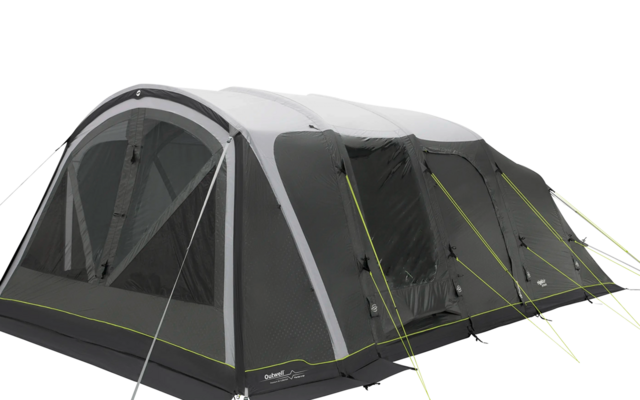 Large gray family tent with multiple windows and yellow guy lines