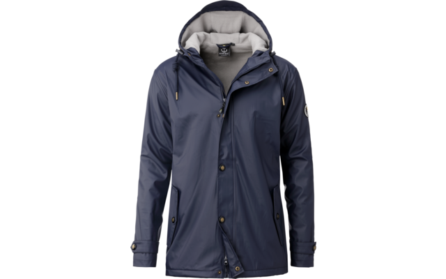 Dunkelblaue Regenjacke mit Kapuze, Reißverschluss und Knöpfen vorn, langärmlig