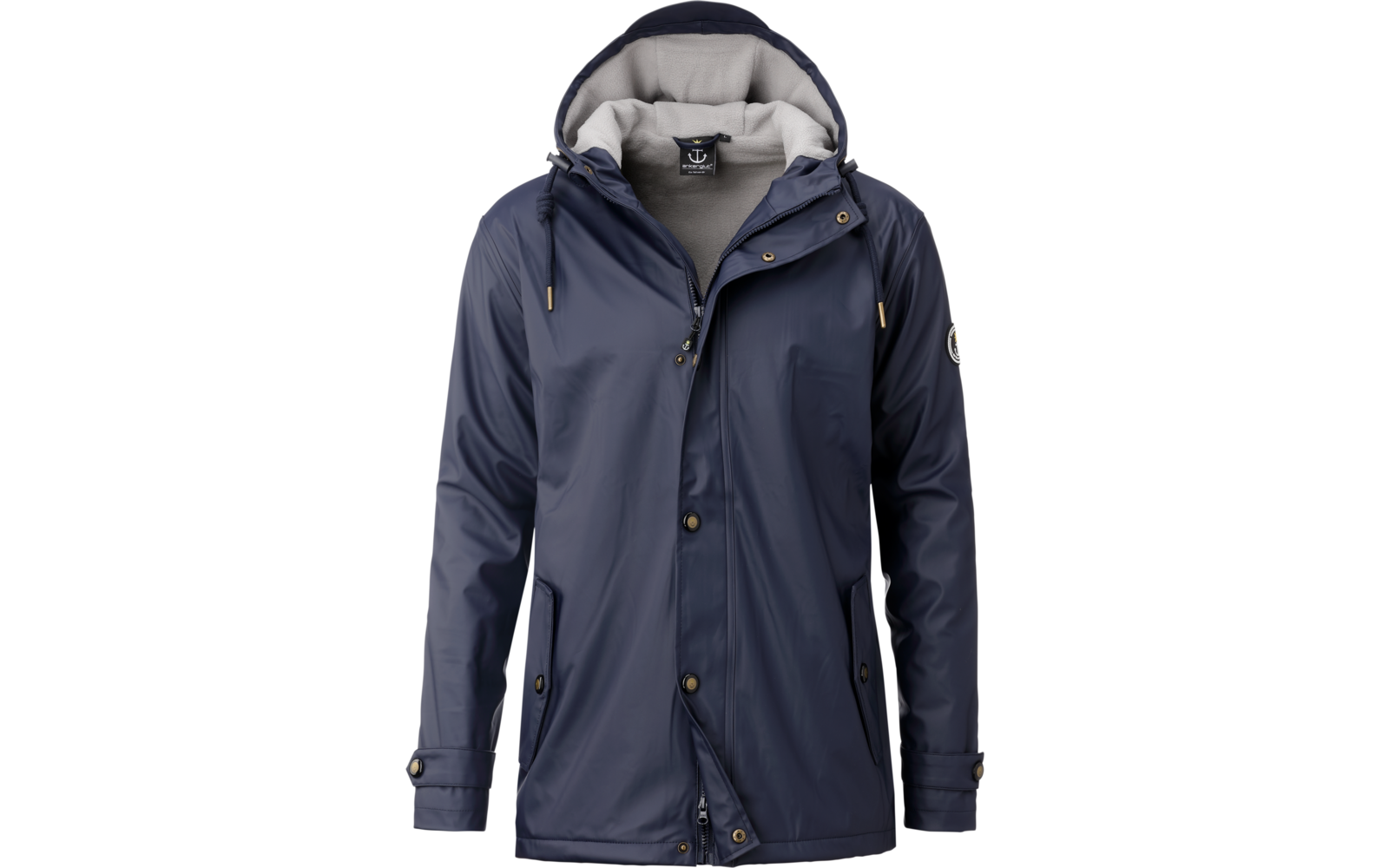Dunkelblaue Regenjacke mit Kapuze, Reißverschluss und Knöpfen vorn, langärmlig