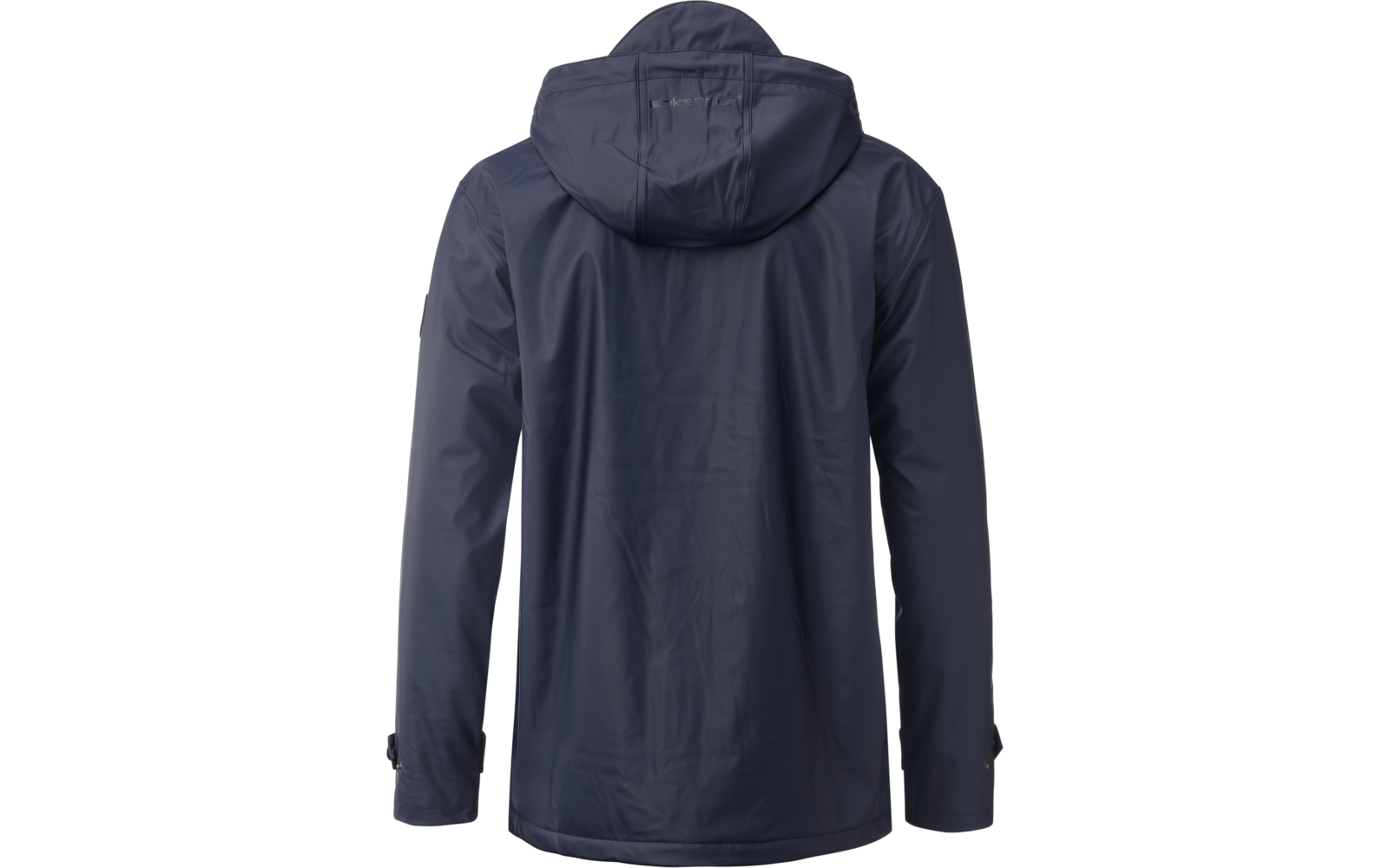 Dunkelblaue Regenjacke mit Kapuze, Rückansicht
