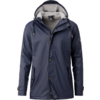 Dunkelblaue Regenjacke mit Kapuze, Reißverschluss und Knöpfen vorn, langärmlig