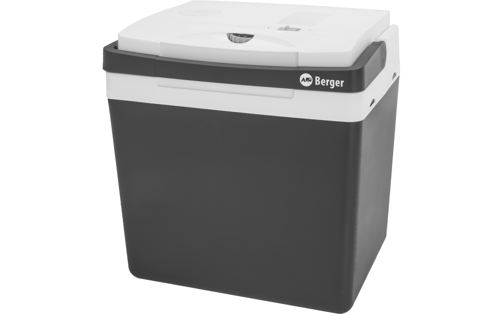 Grijze en witte koelbox met het Berger-logo