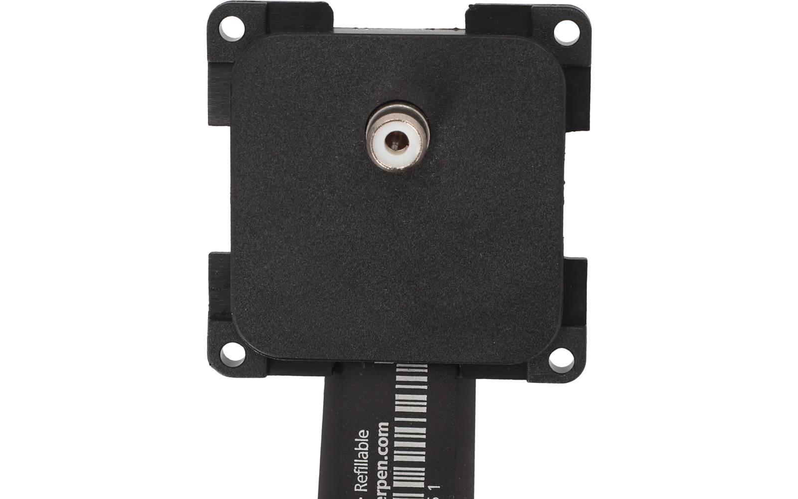 Schwarzes elektrisches Bauteil mit einer runden Metallbuchse in der Mitte