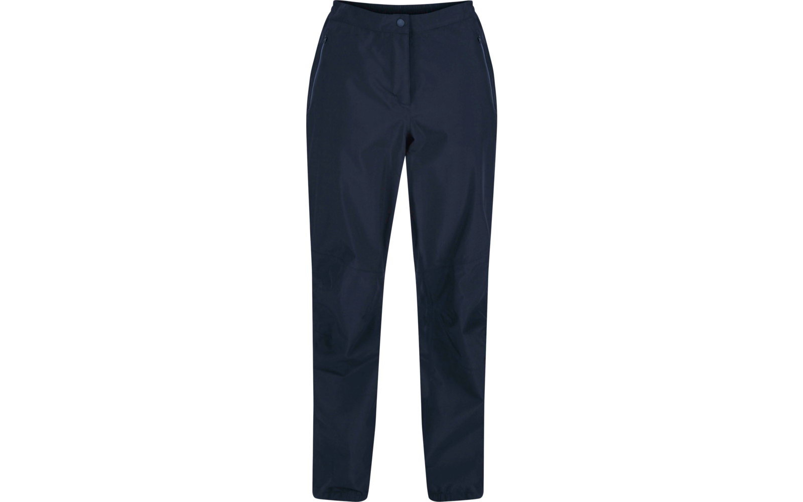 Dunkelblaue lange Hose, Vorderansicht mit Knopf am Bund und sichtbaren Nähten