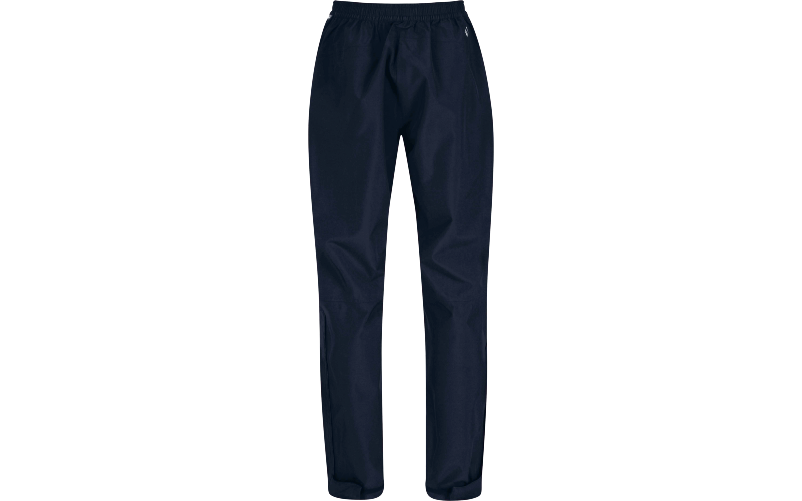 Dunkelblaue lange Hose mit elastischem Bund, geradem Bein und kleiner weißer Logo-Applikation an der rechten Hüfte