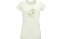T-shirt crème à manches courtes et encolure ronde, imprimé floral beige et vert clair sur la poitrine