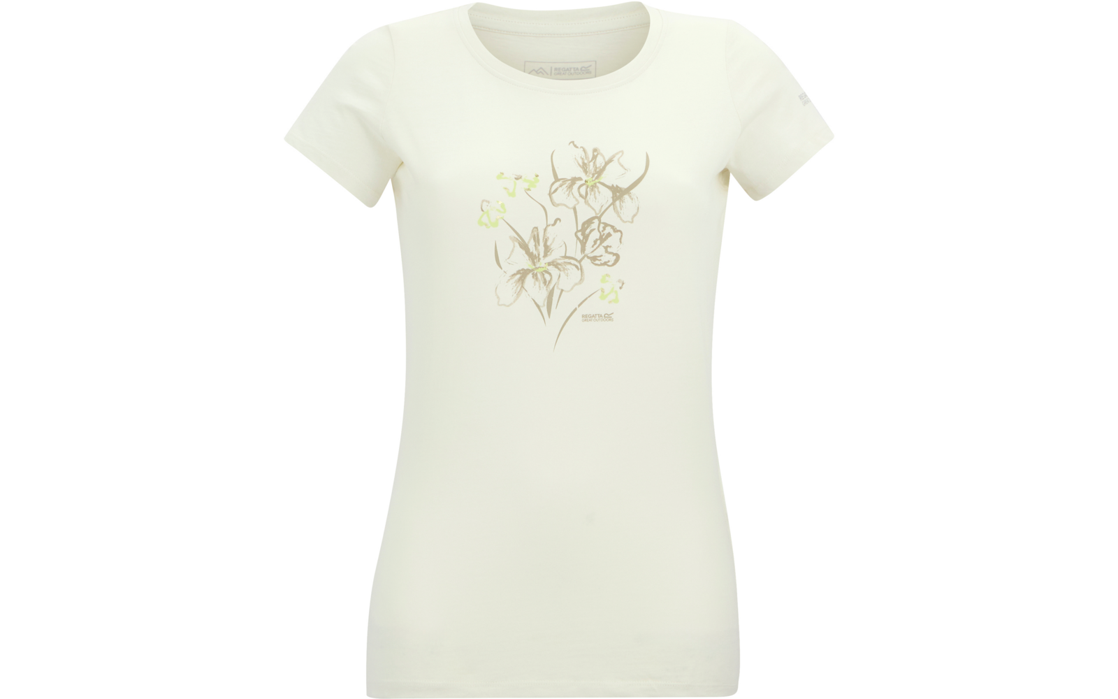 T-shirt crème à manches courtes et encolure ronde, imprimé floral beige et vert clair sur la poitrine