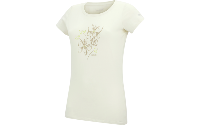 T-shirt crème à manches courtes et col rond, avec un dessin floral en lignes au centre de l'avant