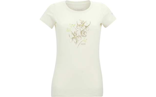T-shirt crème à manches courtes et encolure ronde, imprimé floral beige et vert clair sur la poitrine