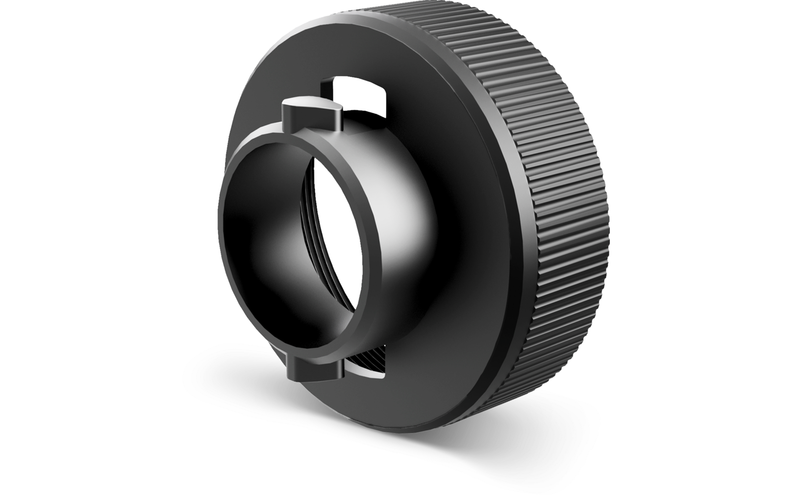 Pièce ronde noire avec bord cranté, ouverture centrale filetée visible et deux petites languettes