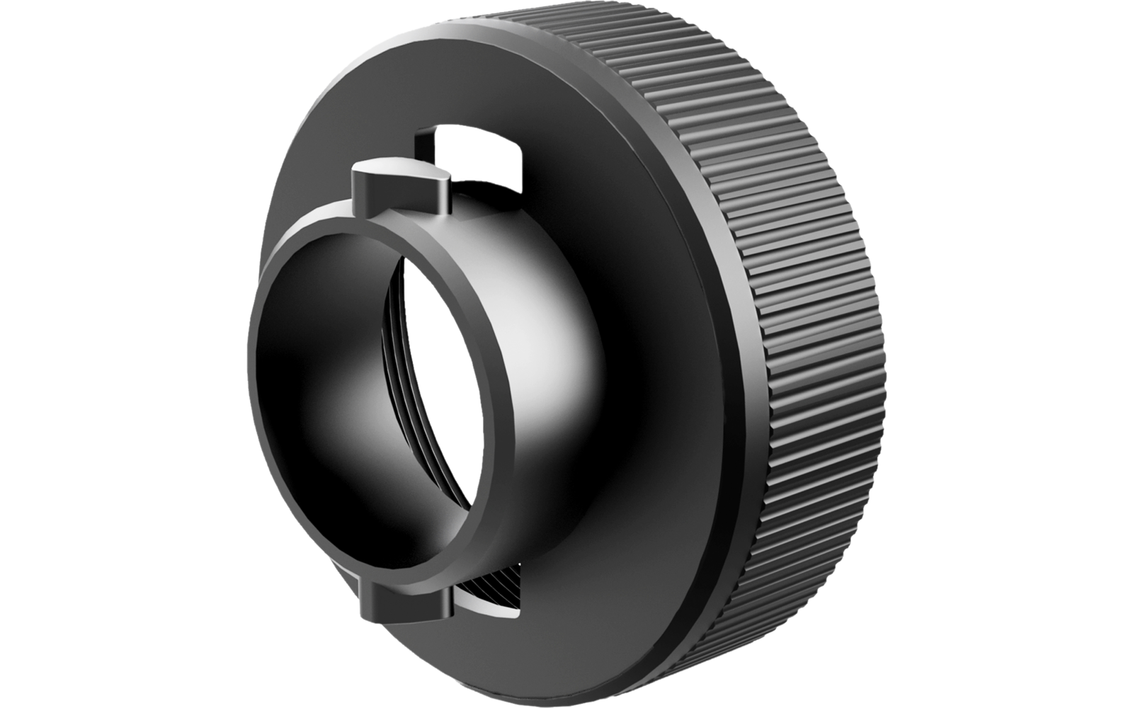 Schwarzes rundes Bauteil mit geriffeltem Rand, zentraler, sichtbarer Schraubenöffnung und zwei kleinen Laschen