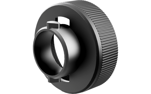 Schwarzes rundes Bauteil mit geriffeltem Rand, zentraler, sichtbarer Schraubenöffnung und zwei kleinen Laschen