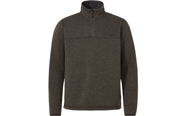 Braun-melierter Langarmpullover mit Stehkragen und halbem Reißverschluss, feine Struktur, kleines Logo auf der linken Brust