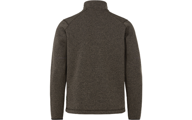 Rückenansicht einer dunkelbraun-melierten Fleecejacke mit Stehkragen, langen Ärmeln und sichtbaren Nähten; kleiner grüner Seitenschild am Saum