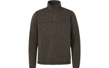 Braun-melierter Langarmpullover mit Stehkragen und halbem Reißverschluss, feine Struktur, kleines Logo auf der linken Brust