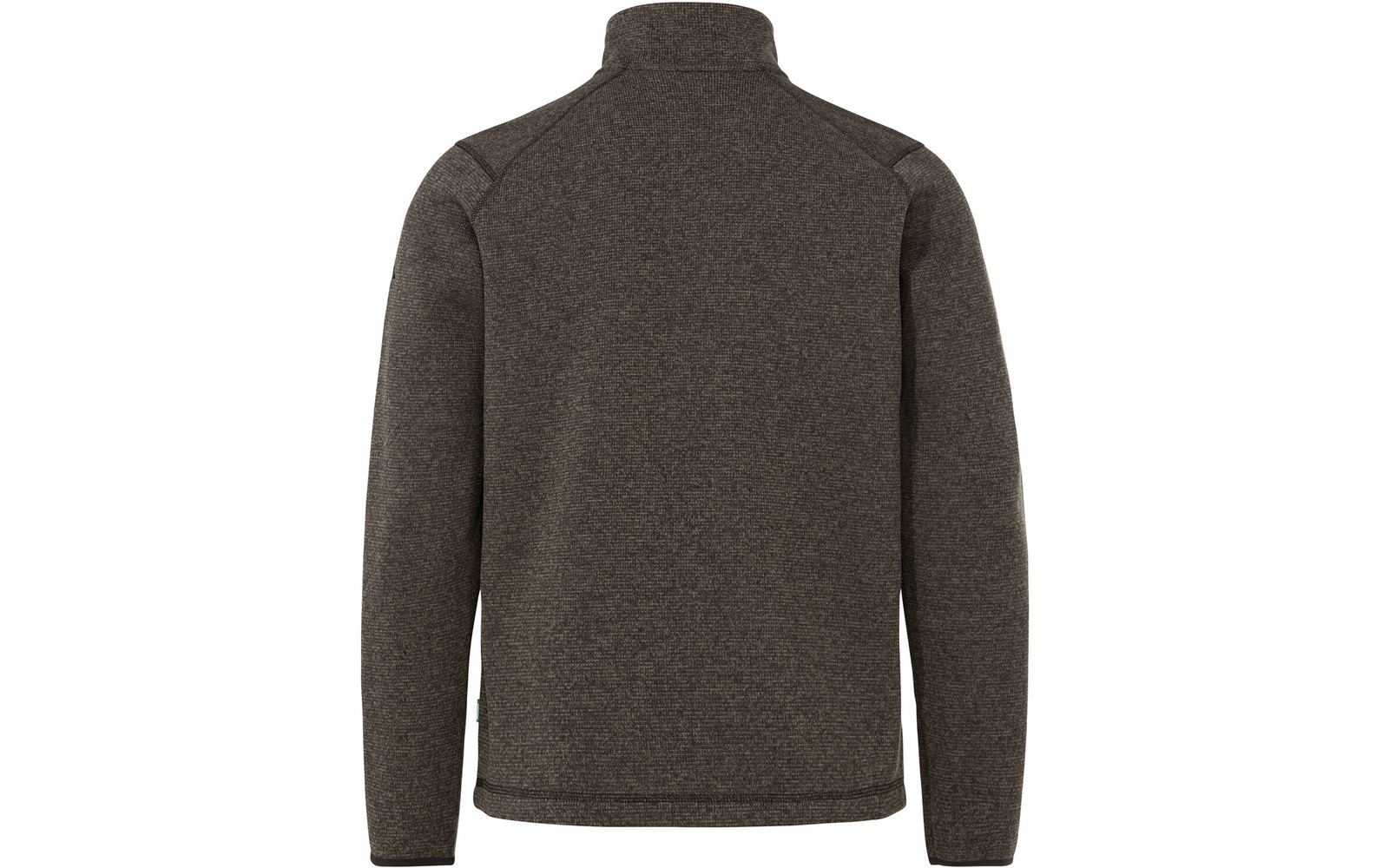 Rückenansicht einer dunkelbraun-melierten Fleecejacke mit Stehkragen, langen Ärmeln und sichtbaren Nähten; kleiner grüner Seitenschild am Saum