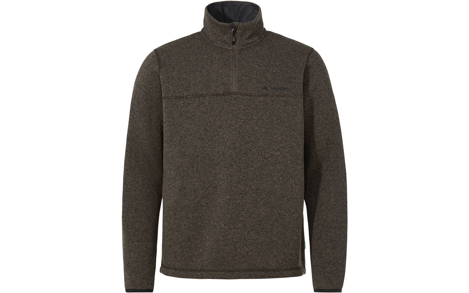 Braun-melierter Langarmpullover mit Stehkragen und halbem Reißverschluss, feine Struktur, kleines Logo auf der linken Brust