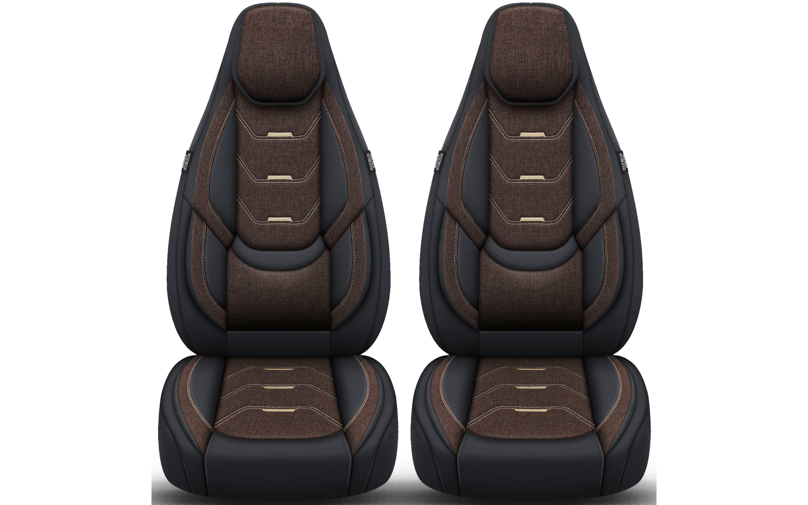 Zwei nebeneinander stehende Autositze mit braunem Stoffmittelfeld, schwarzen Lederseiten, integrierten Kopfstützen und goldfarbenen rechteckigen Zierleisten auf Rückenlehnen und Sitzflächen; weißer Hintergrund