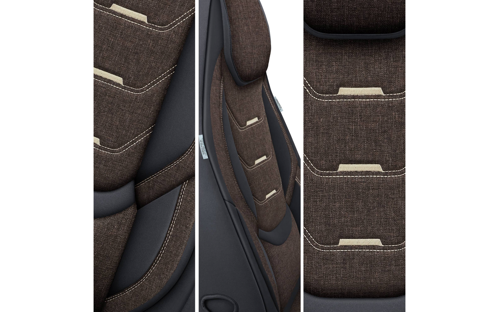 Drei Nahaufnahmen eines dunkelbraunen Stoffpolsters mit hellbeigen Schlaufen und grau-schwarzen Kunststoffkanten