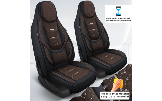 Zwei schwarze Autositze mit braunem Polster und sichtbaren Nähten auf weißem Hintergrund; oben rechts ein kleines Icon mit Sanduhr und Text, unten rechts ein Icon mit Hand, Tuch und Stoffmuster