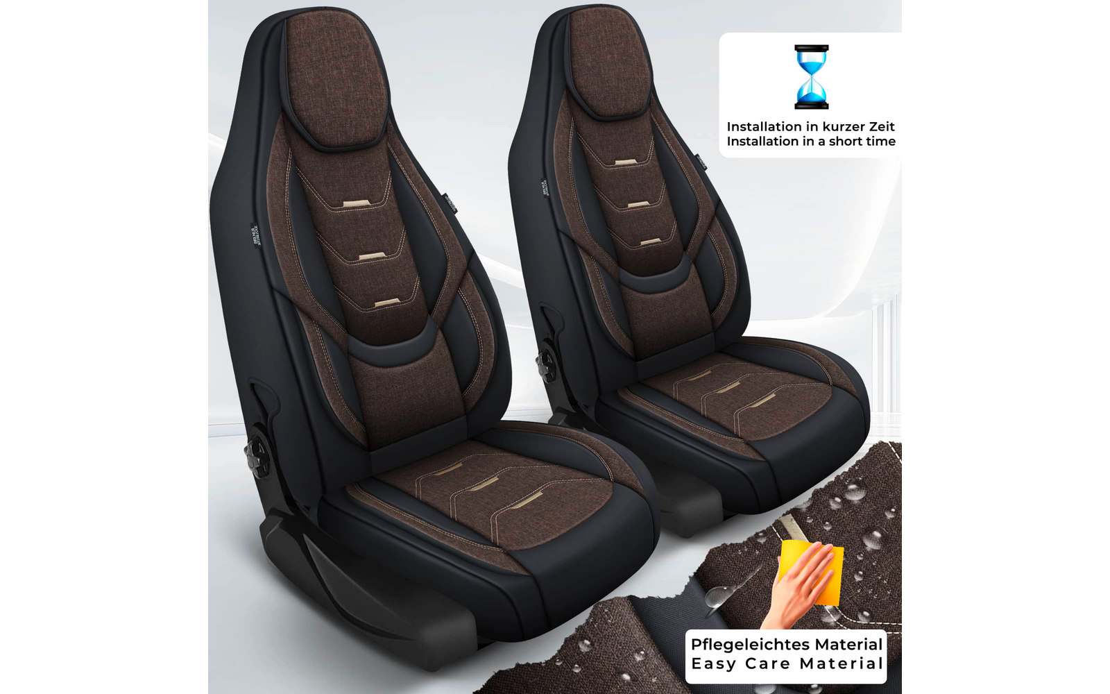 Zwei schwarze Autositze mit braunem Polster und sichtbaren Nähten auf weißem Hintergrund; oben rechts ein kleines Icon mit Sanduhr und Text, unten rechts ein Icon mit Hand, Tuch und Stoffmuster