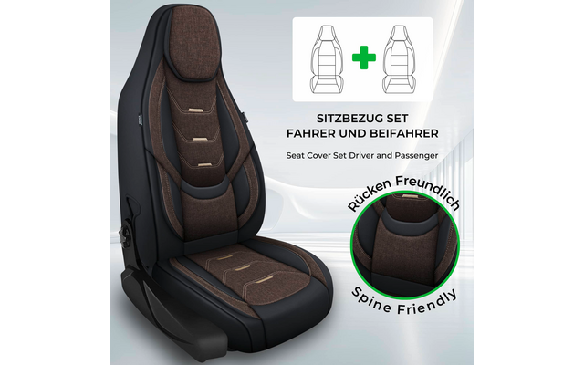 Auto­sitz mit braunem Stoffbezug und schwarzer Seitenverkleidung auf hellem Hintergrund; oben rechts Diagramm zweier Sitzumrisse mit grünem Plus und den Texten 'SITZBEZUG SET FAHRER UND BEIFAHER' und 'Seat Cover Set Driver and Passenger'; kreisförmig