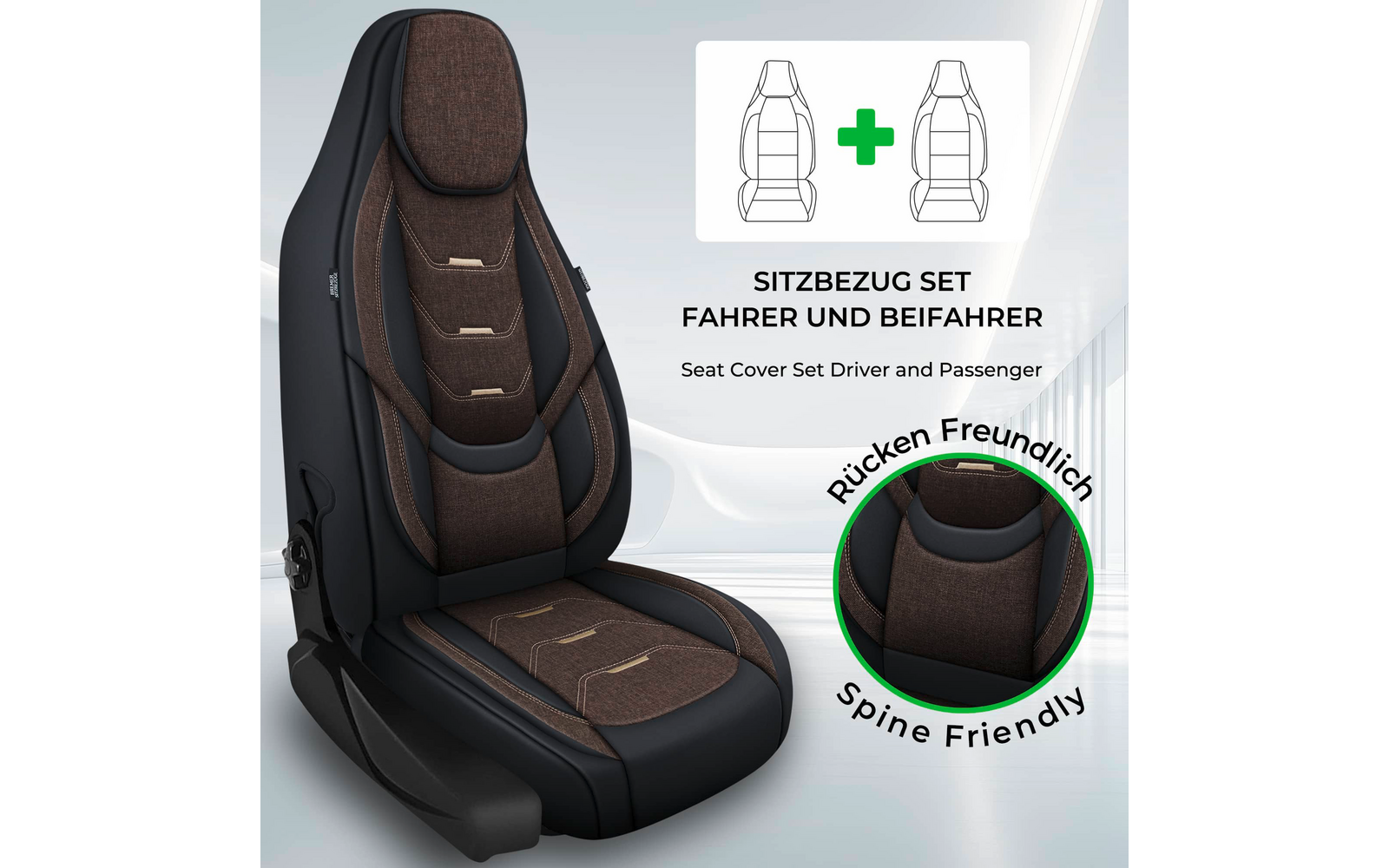 Auto­sitz mit braunem Stoffbezug und schwarzer Seitenverkleidung auf hellem Hintergrund; oben rechts Diagramm zweier Sitzumrisse mit grünem Plus und den Texten 'SITZBEZUG SET FAHRER UND BEIFAHER' und 'Seat Cover Set Driver and Passenger'; kreisförmig