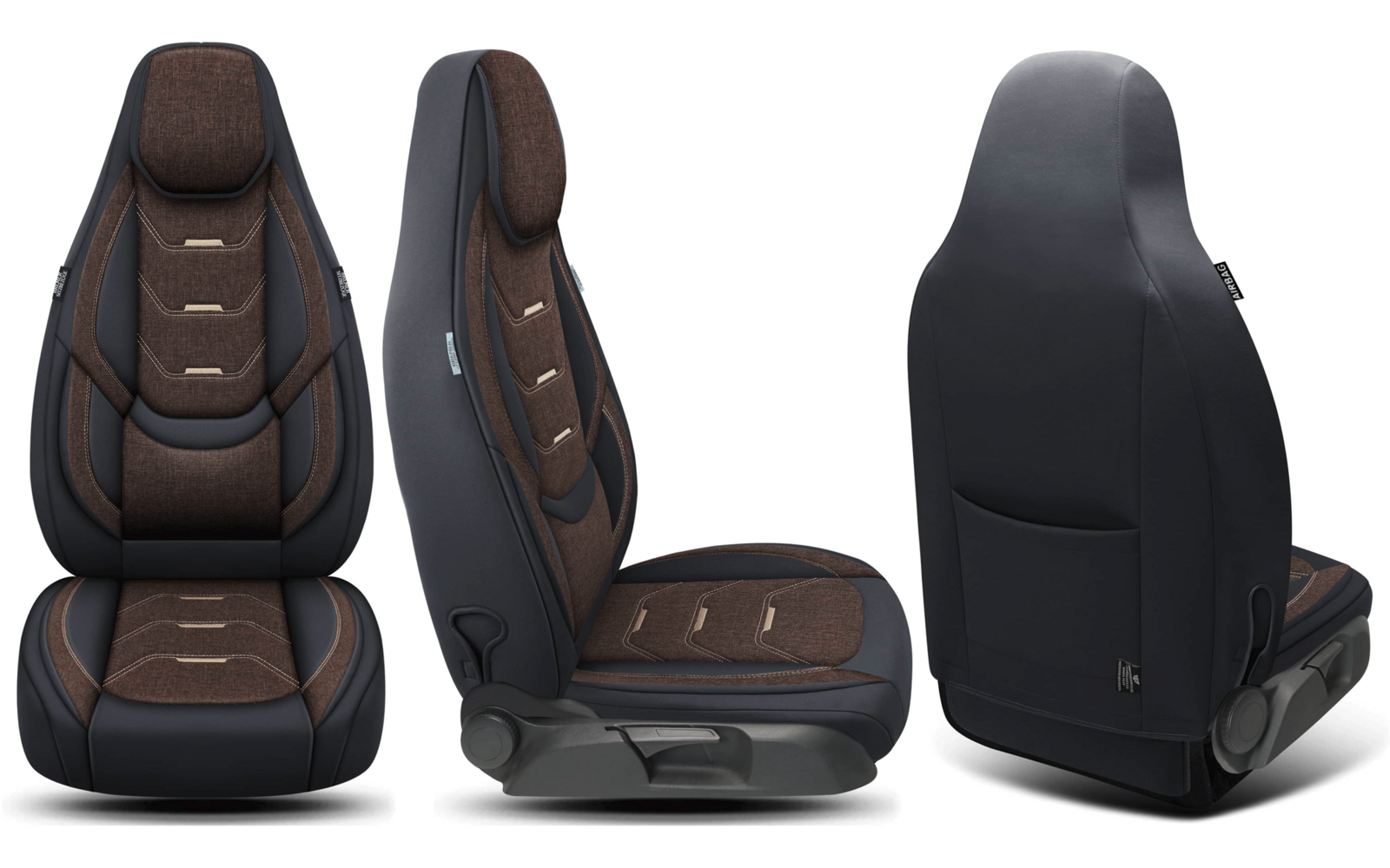 Dreiteilige Ansicht eines Autositzes: Vorderansicht, Seitenansicht und Rückseite; braun gepolsterte Sitzfläche mit dunklem Außenbezug und integrierter Kopfstütze