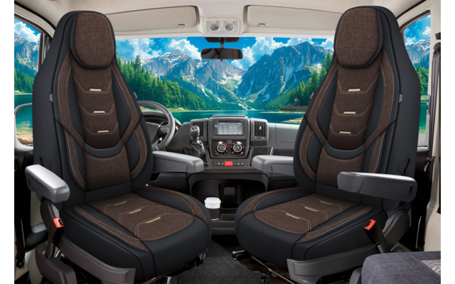 Fahrzeuginnenraum mit zwei Vordersitzen, Lenkrad, Armaturenbrett und durch die Windschutzscheibe sichtbaren Bergen, See und Bäumen