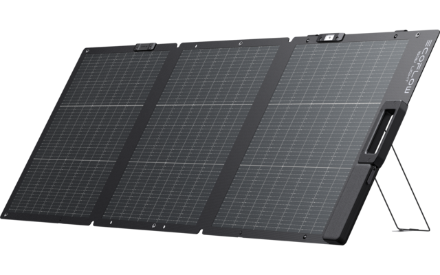 Drei verbundene schwarze Solarpaneele mit sichtbarem Raster, seitlichem Tragegriff und ausgeklapptem Ständer