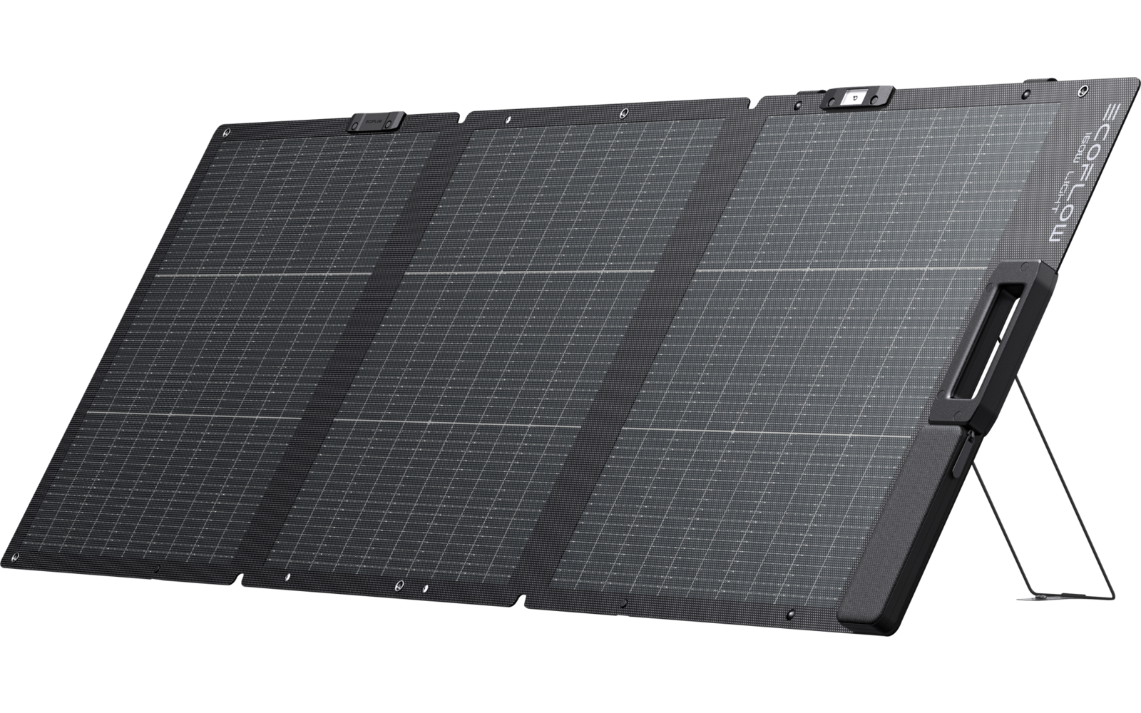 Drei verbundene schwarze Solarpaneele mit sichtbarem Raster, seitlichem Tragegriff und ausgeklapptem Ständer